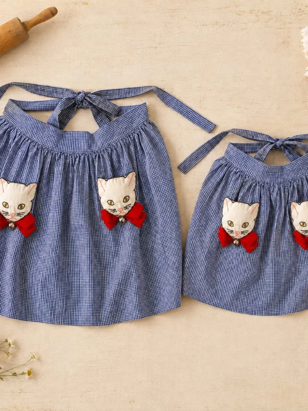 Vintage Mother Daughter Matching Kitten Apron Set Gingham Handmade